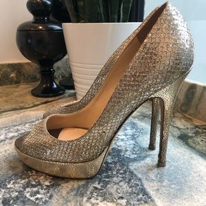 Jimmy Choo Crown Peep Toe Glitter Platform Pumps